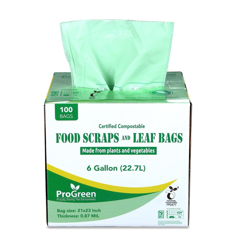 ProGreen Compostable Trash Bags, Extra Thick, Compost Kitchen Bin Bags, Food Scraps Yard Waste Bags, ASTM D6400 BPI and TÃœV AUSTRIA Certified (6 Gallon, Pack of 100) - Image 1